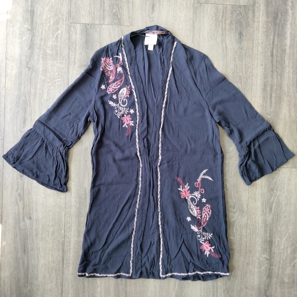 Knox Rose Womens Kimono Cardigan Size Small Navy Blue Floral Embroidered Boho